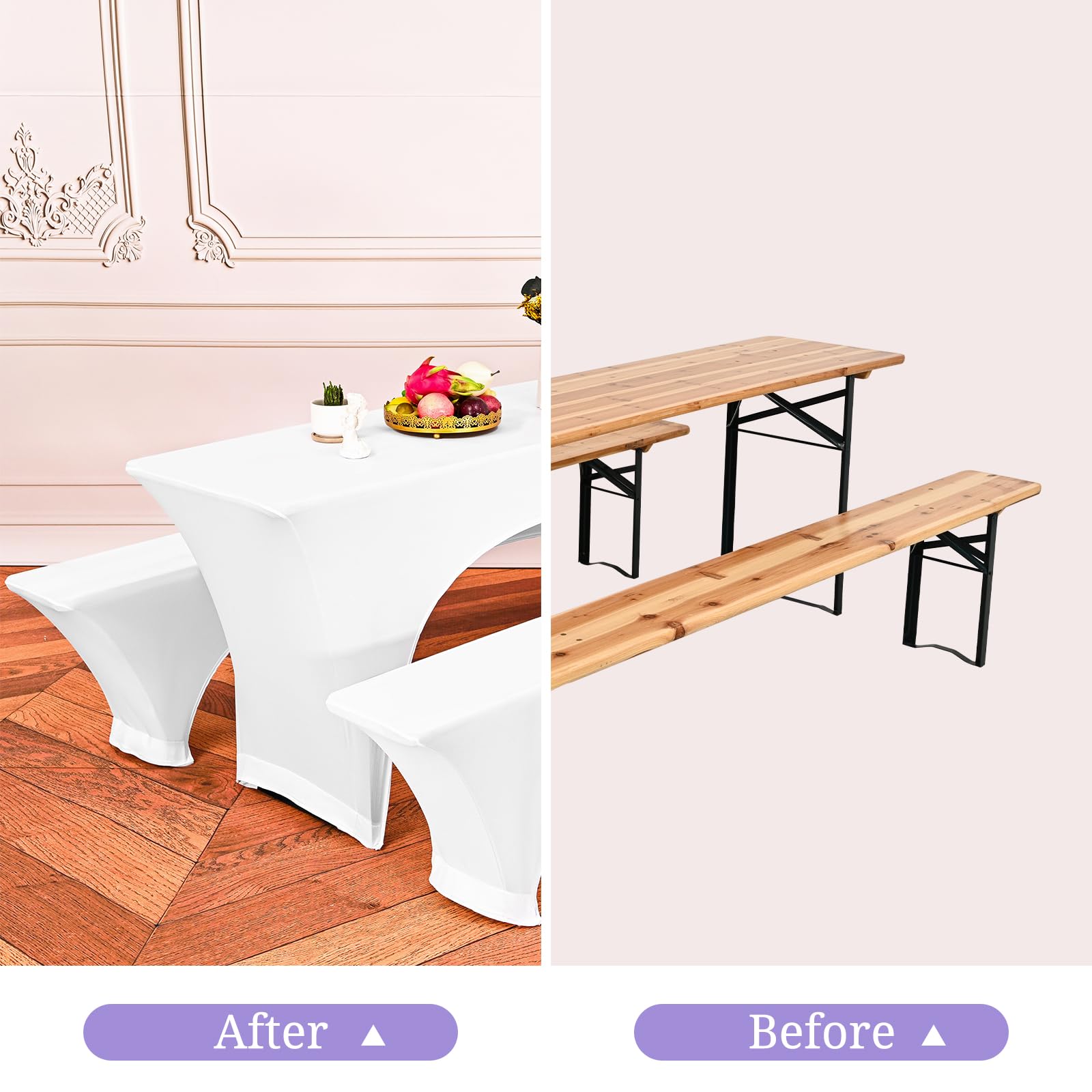 Showgeous 3 Stück weiße Biertischhussen Stretch-Biertisch- und Hockerhussen-Set für 50 cm Tischbreite Bierzelt-Set 220 x 50 x 80 cm für Bankett-Gartenmöbel im Freien