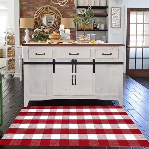 Miniatura 81 de CAINANEL Buffalo - Alfombra de algodón a cuadros de 5 x 7 pies, tejida a mano para interiores y exteriores, alfombra de área para puerta de Tela