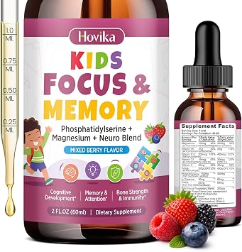 Kids Focus and Attention Supplements with Phosphatidylserine, L-Theanine, Omega-3 & Magnesium Glycinate - Kids Brain Vitamins Liquid Drops - Supports Concentration, Memory, Sleep & Mood, Mixed Berry