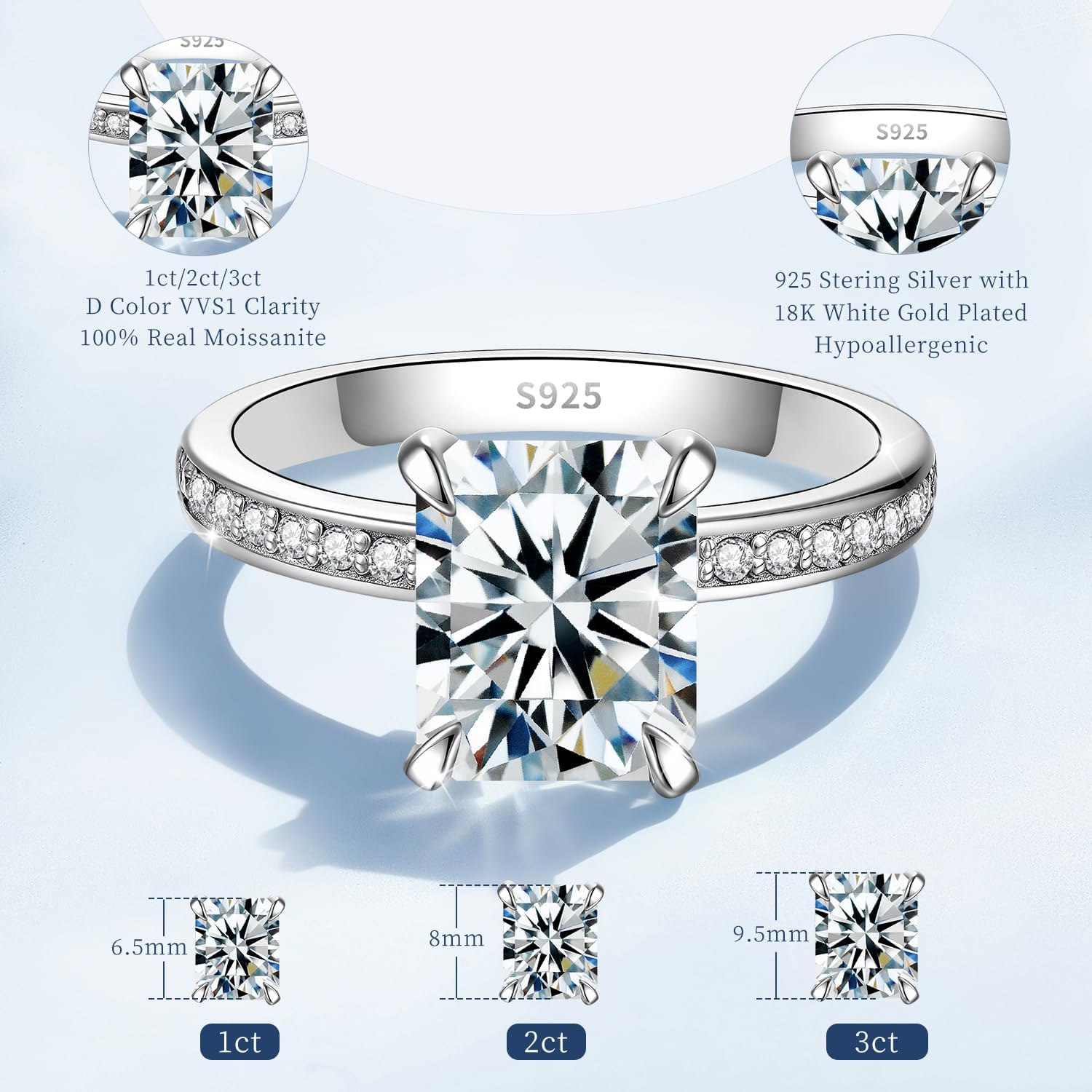 1-4CT Solitaire Moissanite Engagement Ring for Women, Thickened 925 Sterling Silver Band with 18K White Gold Plated, Round/Oval Cut D Color VVS1, Wedding Promise Ring with Certificate