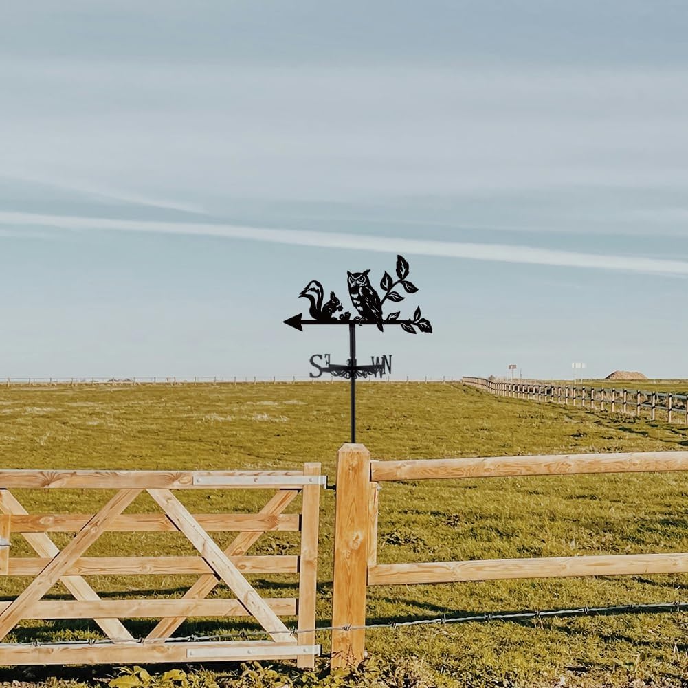 SUPERDANT Owl Squirrel Weather Vane Metal Wind Direction Indicator Measuring Instrument Roof Installation Weathervane for Outdoor Garden Farm Backyard Gazebo Barn Art Decoration Black