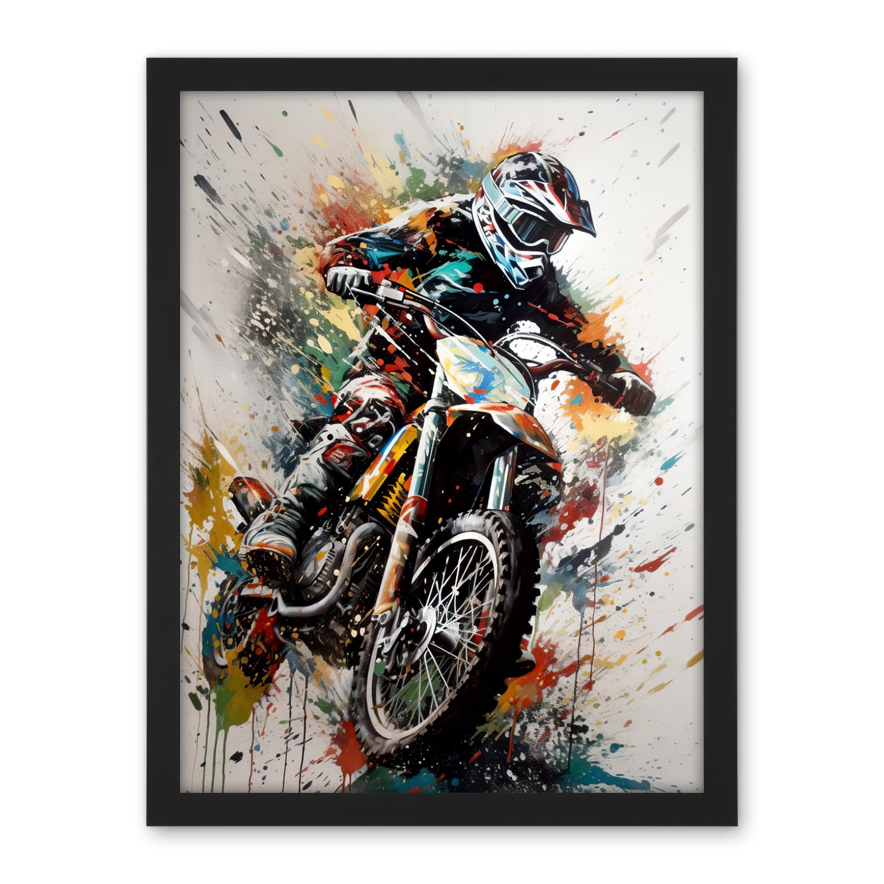 Artery8 Motocross Racer Paint Splat Action Shot Portrait Artwork Framed Wall Art Print 18X24 Inch