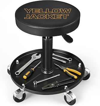 YELLOW JACKET Pneumatic Rolling Mechanic Stool with Wheels 250lb Capacity Adjustable Height Garage Shop Seat with Tool Tray for Auto Repair Workshop