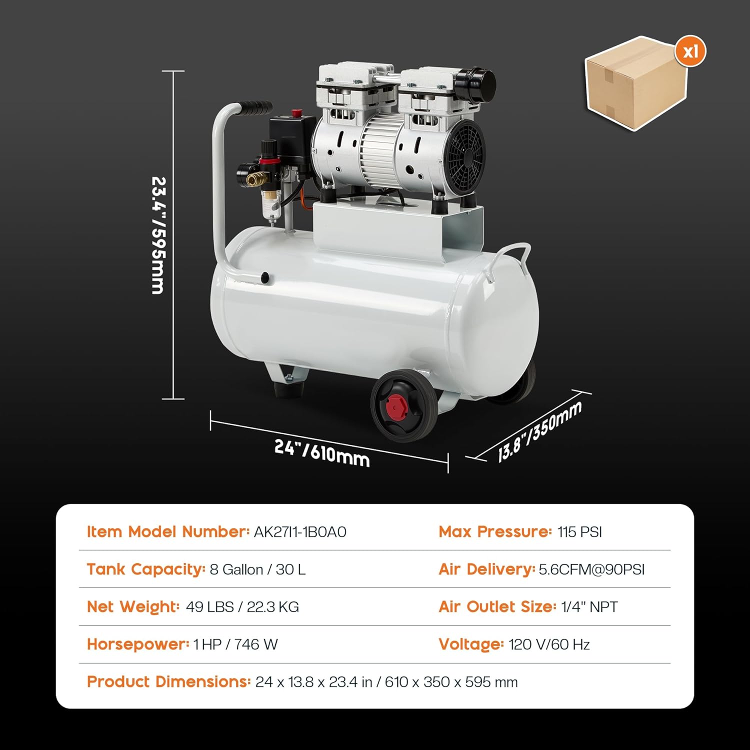 Albott 8 Gallon Air Compressor with Automatic Drain Valve, 1.0 HP Oil-Free Air Compressor Tank with Wheels, 70 dB Noise Level, Fit for Auto Repair, Tire Inflation, Spray Painting