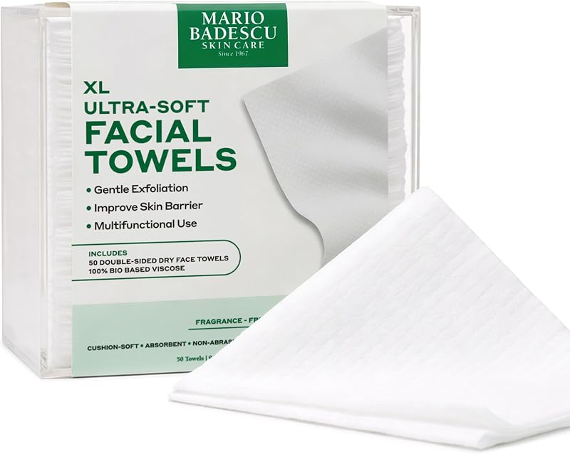 Mario Badescu Ultra-Soft Disposable Face Towels XL – 50 Count Double-Sided Dry Facial Towels, Smooth & Textured, 100% Bio-Based Viscose Wipes for Cleansing, Makeup Removal & Skincare