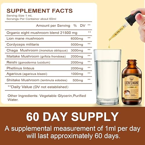 Miniatura 3 de Suplemento de melena de león, gotas de extracto líquido de hongos, complejo de 8 hongos para apoyo cognitivo y refuerzo de inmunidad, suministro de