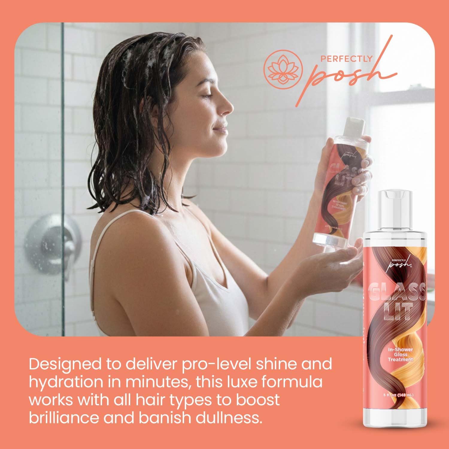 Perfectly Posh - Glass Lit In-Shower Gloss Treatment - Shine-Boosting Hair Gloss with Aloe, Pomegranate and Amino Acids - 148ml
