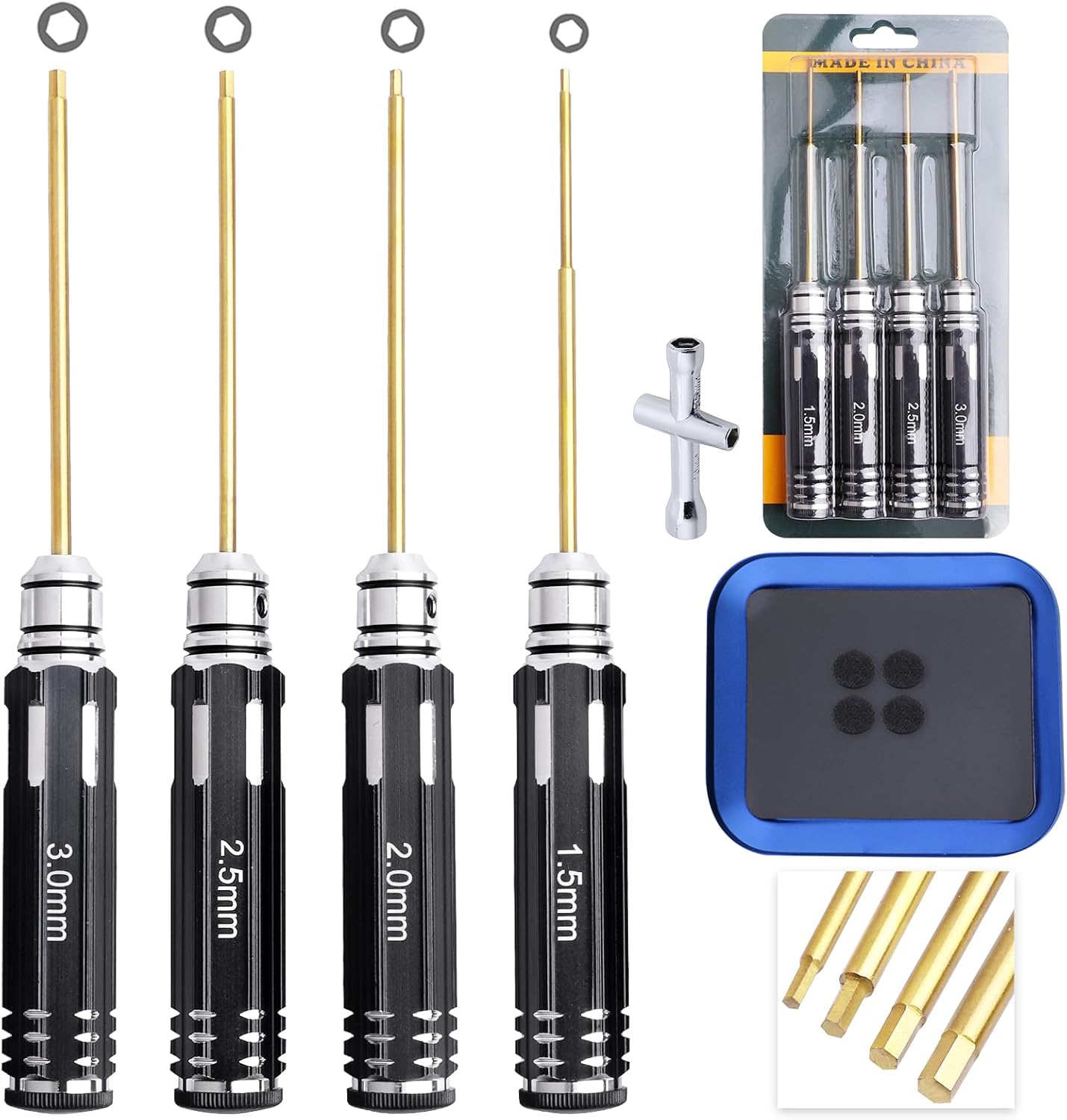 HobbyPark 4pcs 1.5mm 2.0mm 2.5mm 3.0mm Hex Screw Driver Set Titanium Hexagon Screwdriver Wrench Tool Kit Allen Keys, Screw Tray, Hex Wrench RC Repair Tools