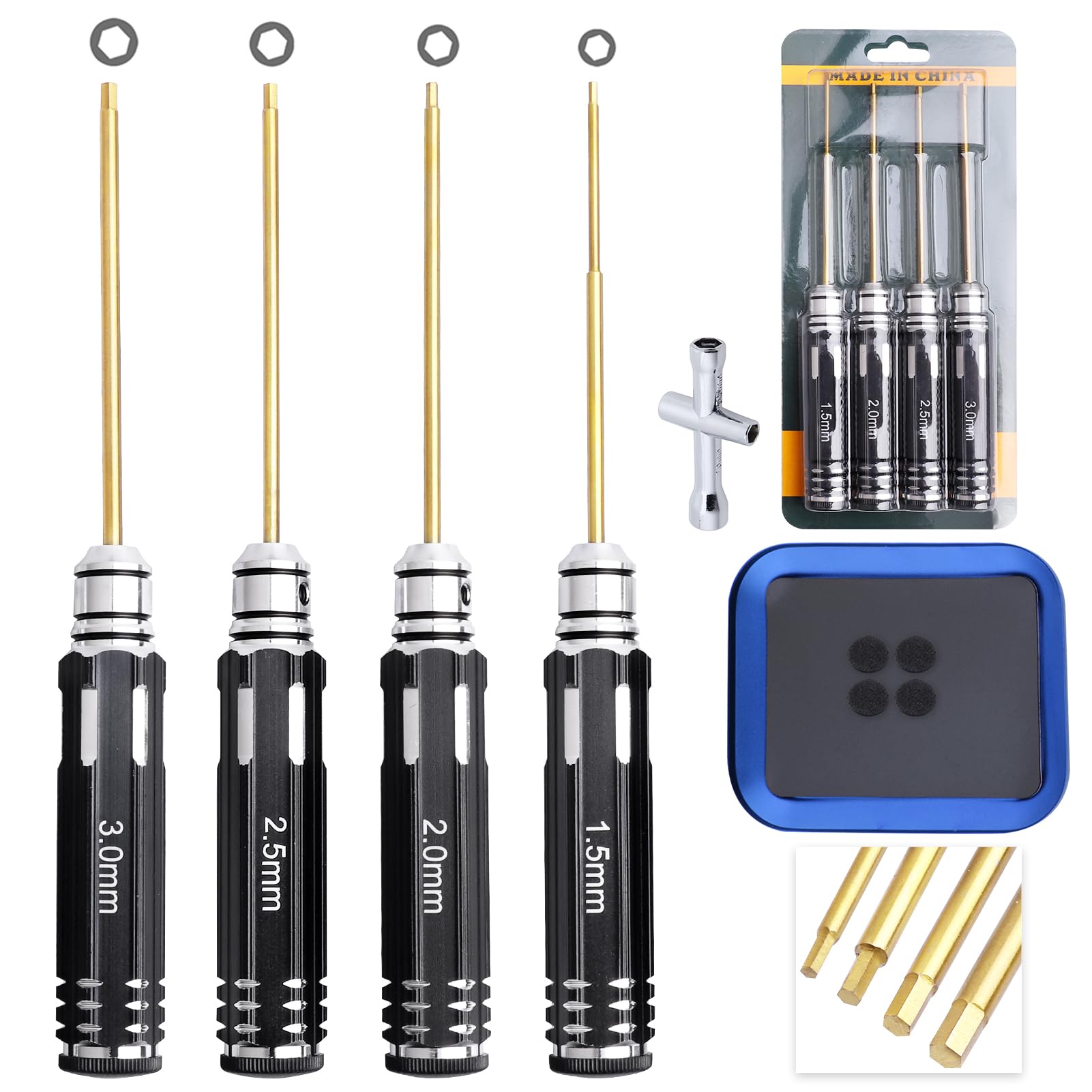 HobbyPark 4pcs 1.5mm 2.0mm 2.5mm 3.0mm Hex Screw Driver Set Titanium Hexagon Screwdriver Wrench Tool Kit Allen Keys, Screw Tray, Hex Wrench RC Repair