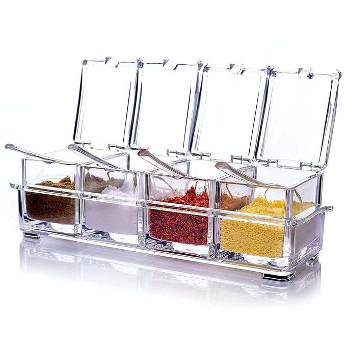 MOKSHAYLO Spice Box with 4 Square Containers and Spoons | Transparent Condiment Storage Set with Hinged Lids and Tray