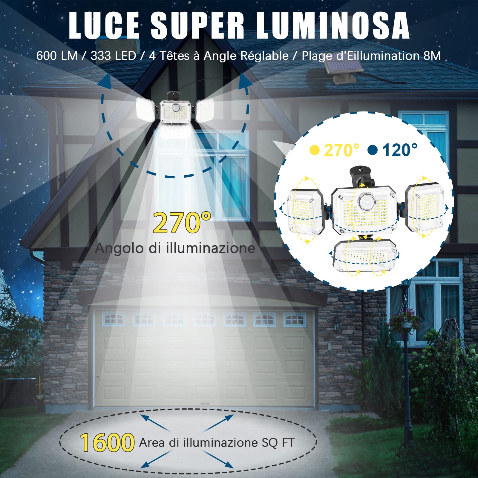 Ulikey 333 LED Luce Solare LED Esterno con Sensore di Movimento, Lampada Solare da Esterno IP65 Impermeabile, 4 Testa Faretti Solari a Led con Angolo di Illuminazione a 270° per Giardino Garage