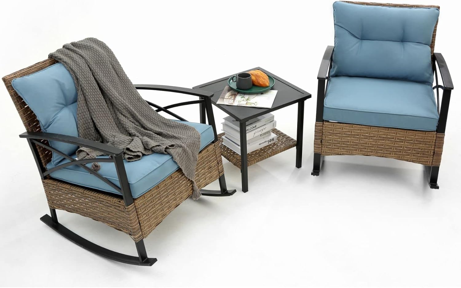 3pcs Patio Rocking Rattan Set, Outdoor Bistro Conversation Furniture with High Premium Cushions, 2 Rocker Chairs and Metal Two-Tier Side Table, for Porch & Backyard, Light Blue