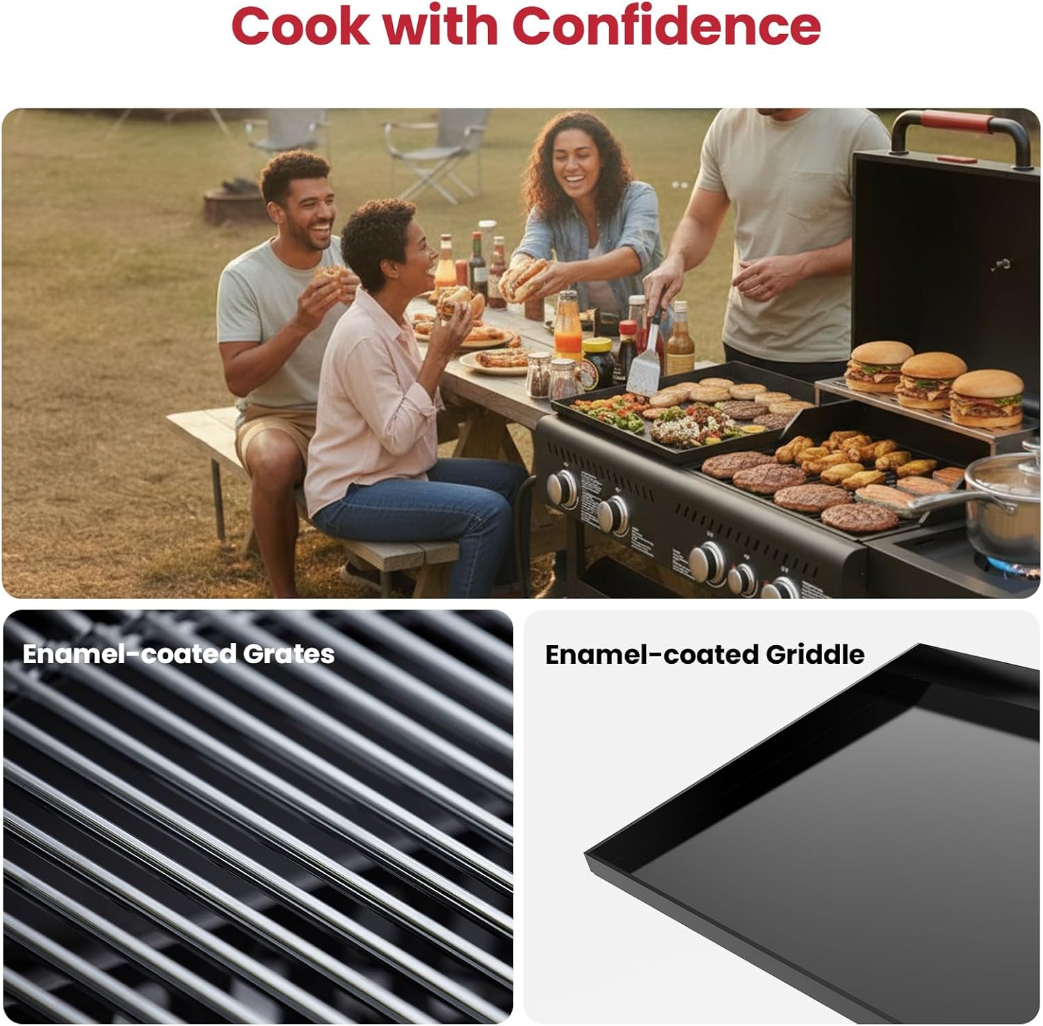 LAUDLIFE Propane Gas Griddle Grill Combo with Side Burner, Non-Stick Porcelain-Enameled Cast Iron Grate & Pan, 5 Burners Dual BBQ Grills, 702 SQ.IN Cooking Area, Heavy-Duty Stand for Backyard