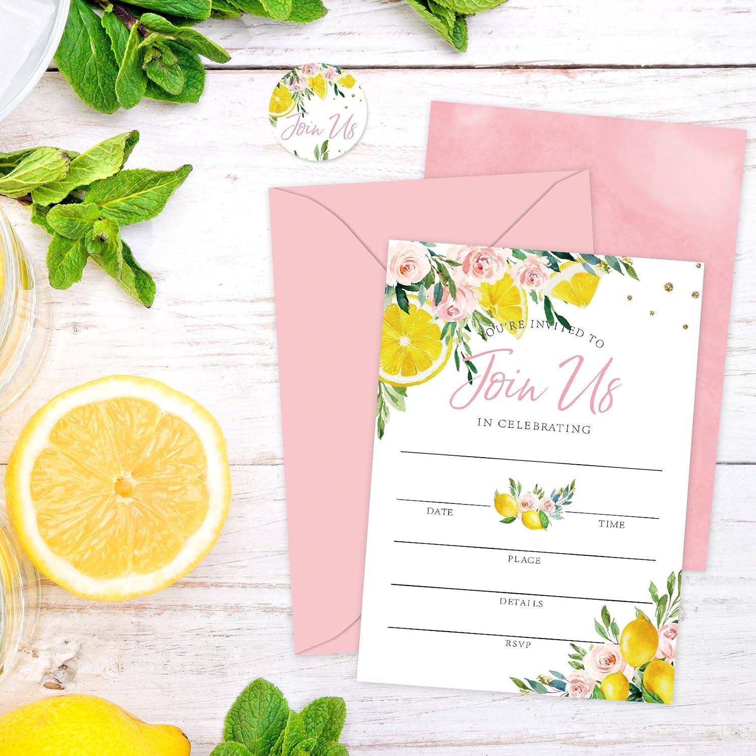 Whaline Pink Floral Lemon Invitations 20 Sets Spring Summer Flower Lemon Invitation Cards with Envelopes Stickers Fill in Blank Invites for Wedding Baby Shower Birthday, 5 x 7 Inch