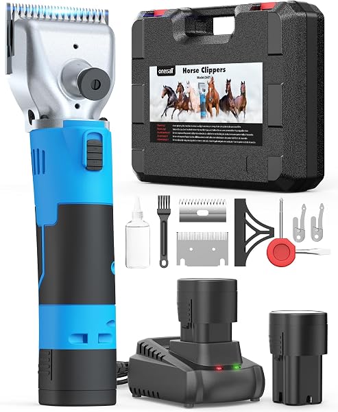 oneisall tondeuse cheval 2 batteries, tondeuse professionnelle pour cheveux épais et emmêlés, sans fil pour chevaux avec moteur puissant de 2400 PRM/MIN, pour tous les poils du corps (Bleu) - 1