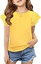 Haloumoning Girls Ruffle Sleeve T Shirts Summer Short Sleeve Casual Cute Crewneck Tops Tees 5-14 Years