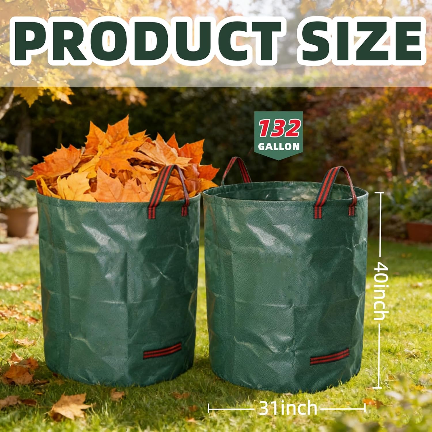 2-Pack Extra Large Yard Waste Bags, 132 Gallon Reusable Garden Bags with Gardening Gloves, Heavy Duty Leaf & Lawn Chute, Collapsible Clean-up Containers for Debris, Camping & Recycling
