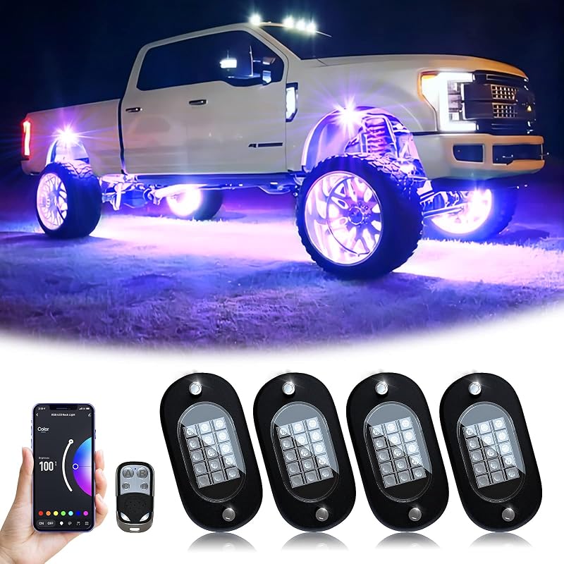 YiLaie RGB LED Rock Lights, 4 Pods Underglow Kit with APP & Remote Control | High Bright rock Lights with Multicolor, IP68 Waterproof Wheel Well Light Kit for ATV Golf Cart Off Road RZR SUV UTV Tractors