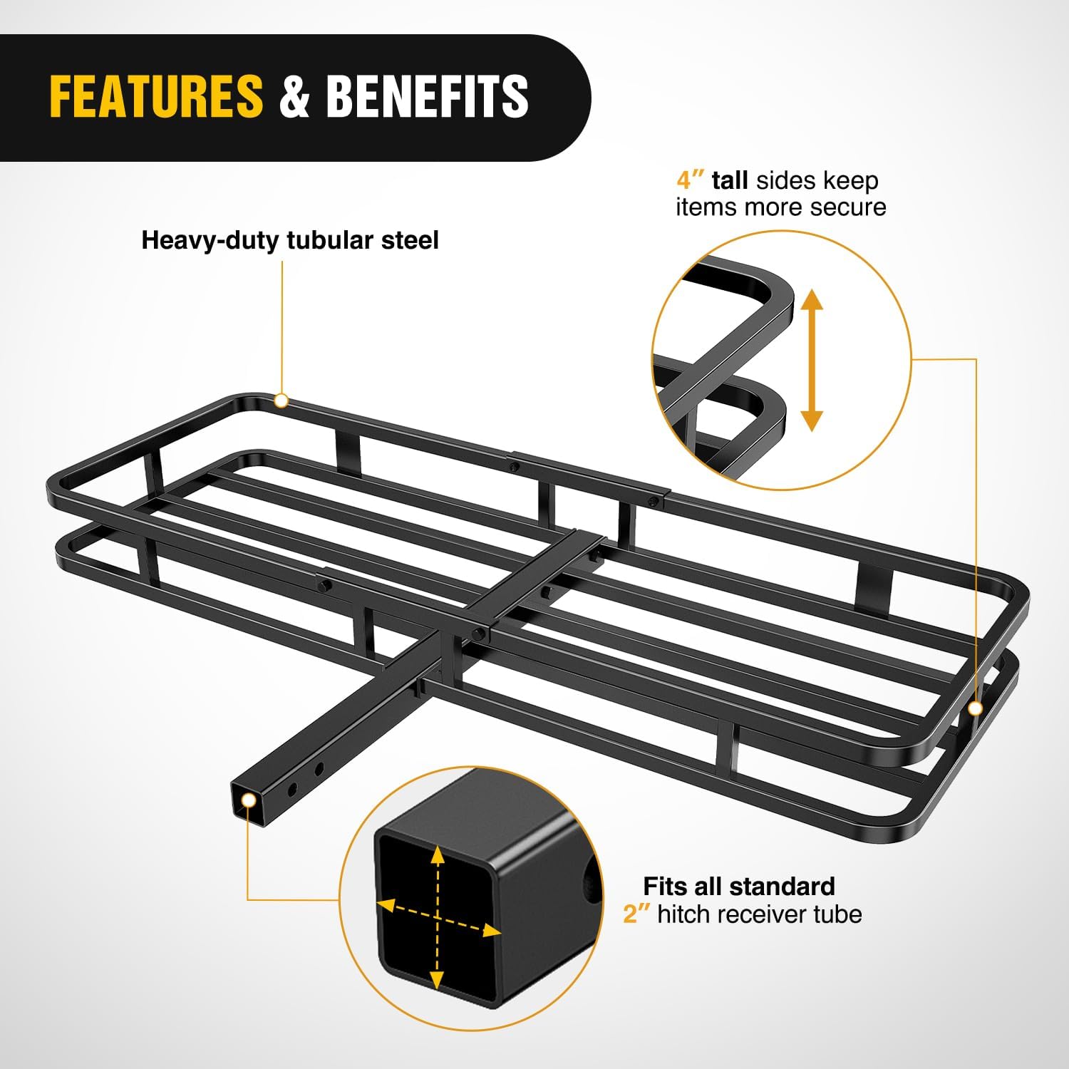 Nilight 53" X 19" X 4" Hitch Cargo Carrier Fits 2-inch Hitch Receiver 500 Lbs Capacity Basket Cargo Net|Ratchet Straps|Hitch Stabilizer for SUV Pickup Camping Traveling