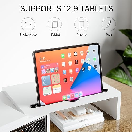 Miniatura 4 de ZIFTY Soporte elevador de monitor doble para 3 monitores, organizador de escritorio con 2 cajones y soporte para teléfono inteligente, longitud y