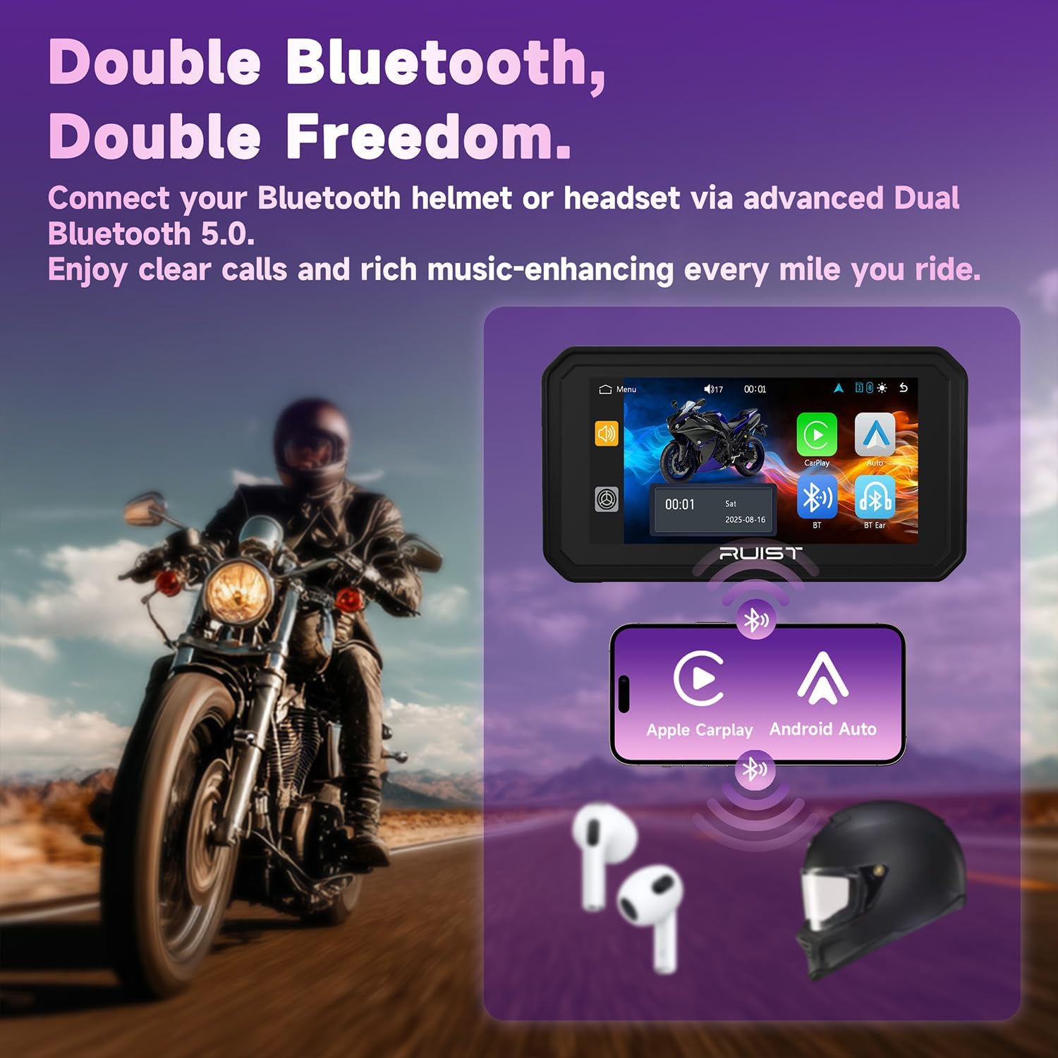 MOX61 Motorcycle Carplay HD Touchscreen 6.1", Wireless Apple CarPlay & Android Auto, IP67 Waterproof GPS with TPMS, Dual Bluetooth, Magnetic Mount, Voice Control