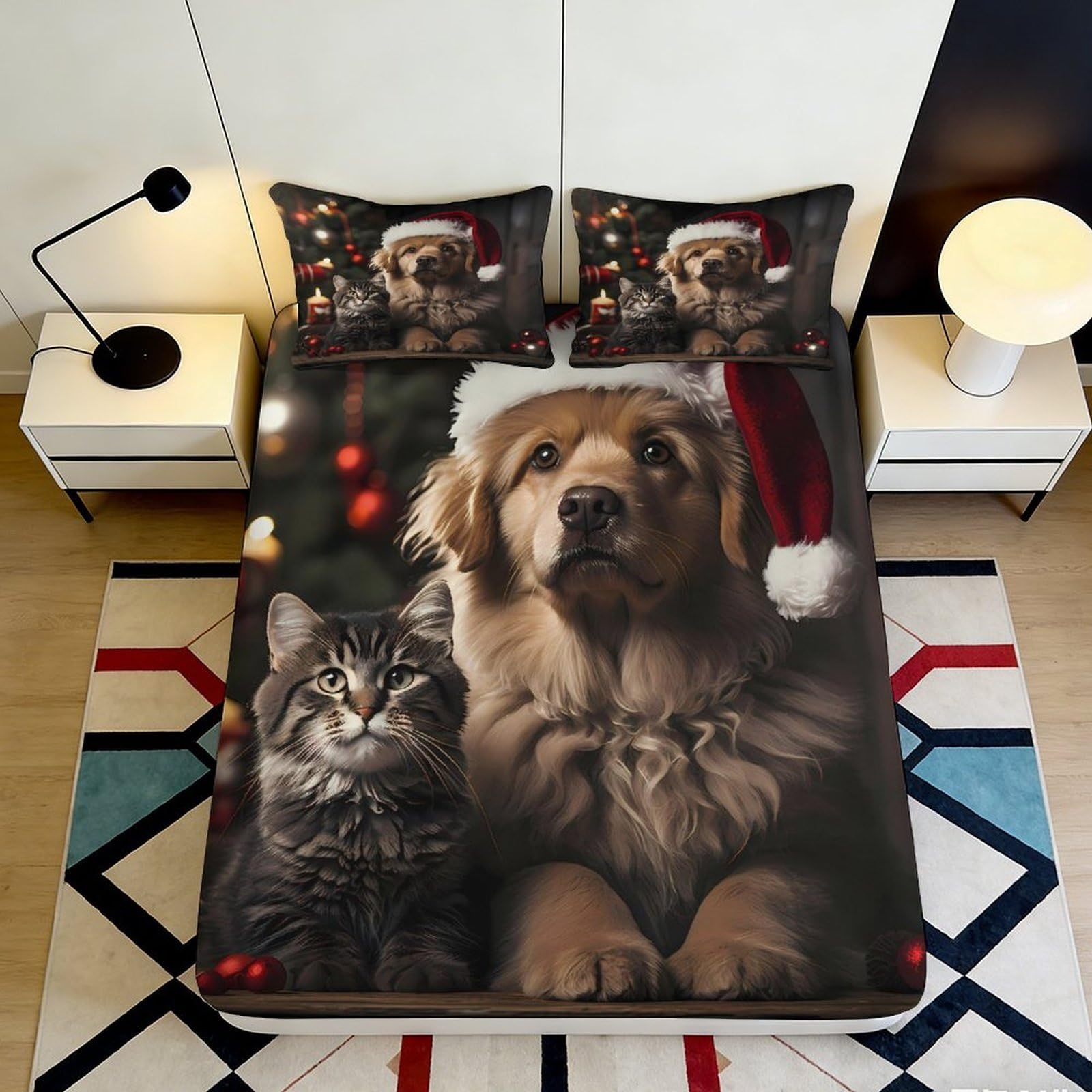 Decorative 3D Printed Fitted Sheet Dog Cat Pattern, Microfiber Soft Touch Bed Cover, Wrinkle Resistant, Home Apartment Bedding 200x200x25cm