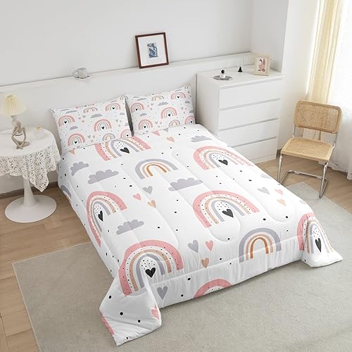 Miniatura 3 de Juego de ropa de cama tamaño Queen con diseño de arco iris para niñas, juego de edredón Kawaii de nube de 3 piezas con 2 fundas de almohada, edredón