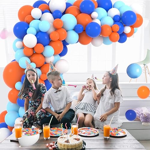 Miniatura 7 de Kit de arco de guirnalda de globos azules, naranja y blanco, 122 globos blancos de color azul rey y naranja para cumpleaños, baby shower,