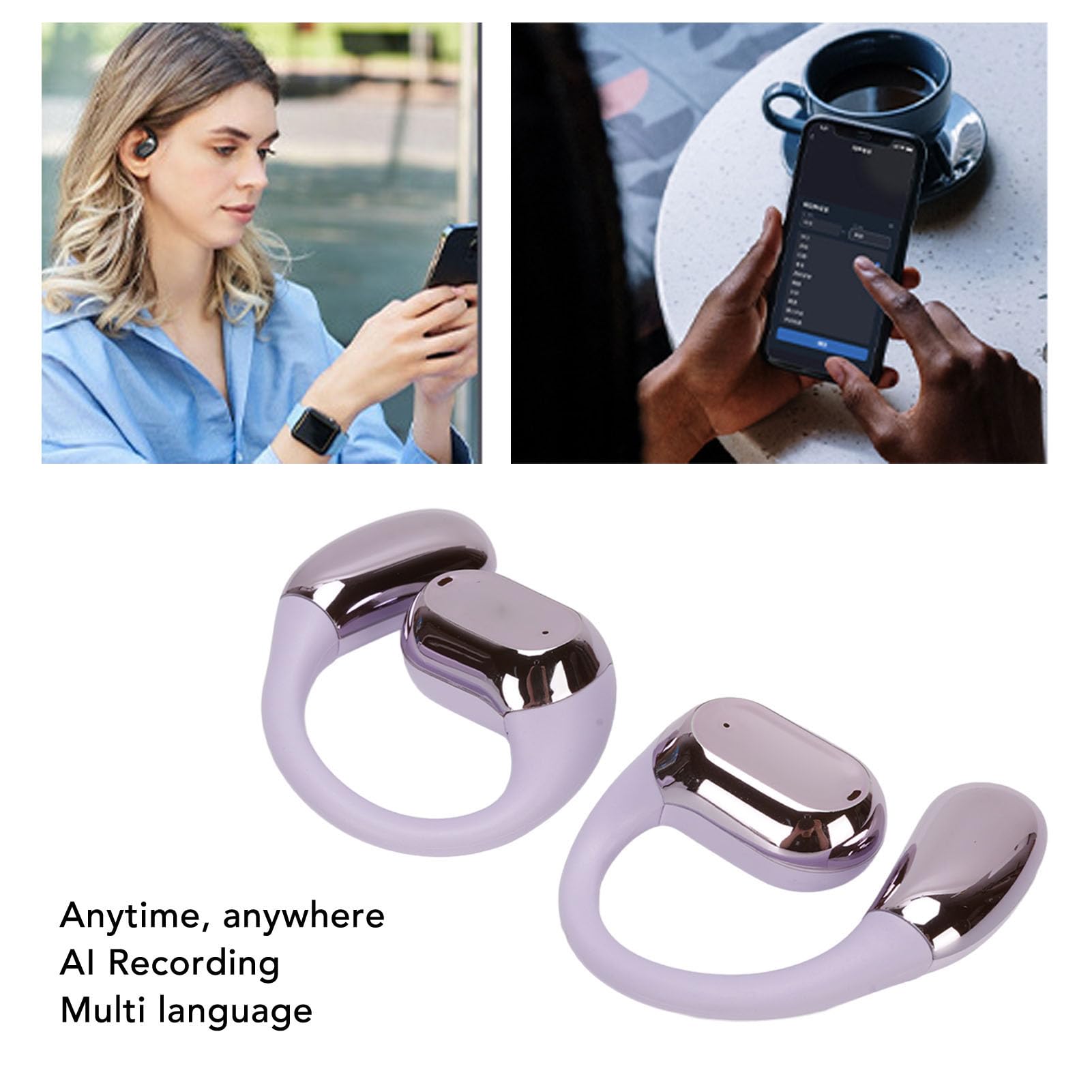 Topiky Auricolari Wireless con Traduzione in Tempo Reale con Intelligenza Artificiale, Bluetooth 5.4, Auricolari Aperti, Traduttore in 140 Lingue, (PURPLE)