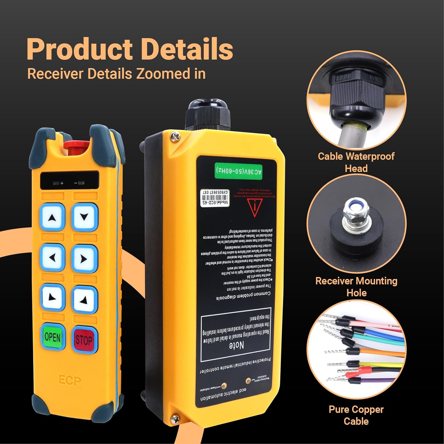 Industrial Remote Control ECD-6S Overhead Lifting Wireless Crane Remote Control 6 Buttons 12-440V Electric Hoist Winch Radio Remote Controller (2 Transmitter & 1 Receiver)