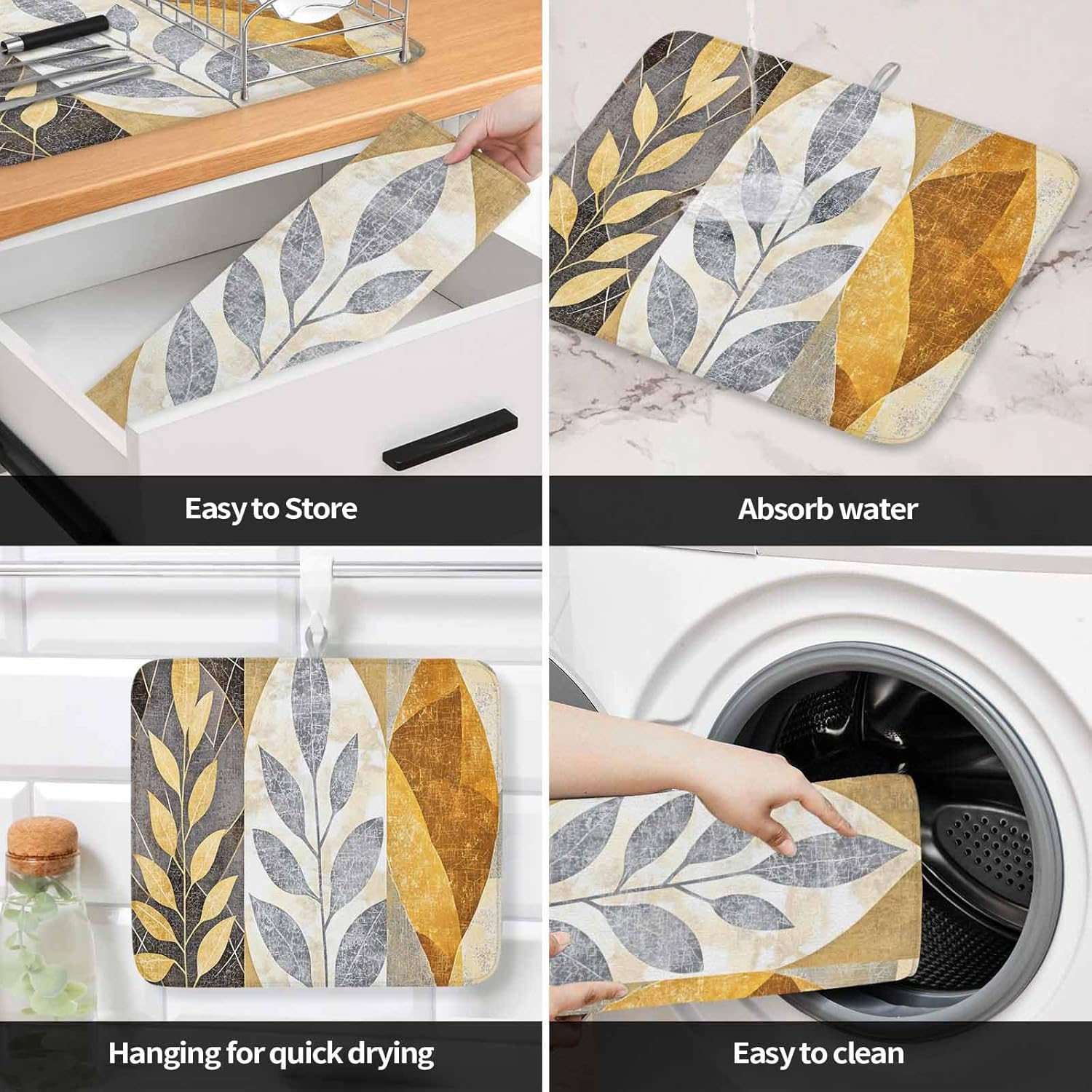 Dish Drying Mat Set of 2 Vintage Fall Leaves Microfiber Absorbent Reusable Washable Dish Drying Rack Mat Retro Stitching Texture Coffee Mat for Coffee Maker Bar Kitchen Countertops 18x24inch