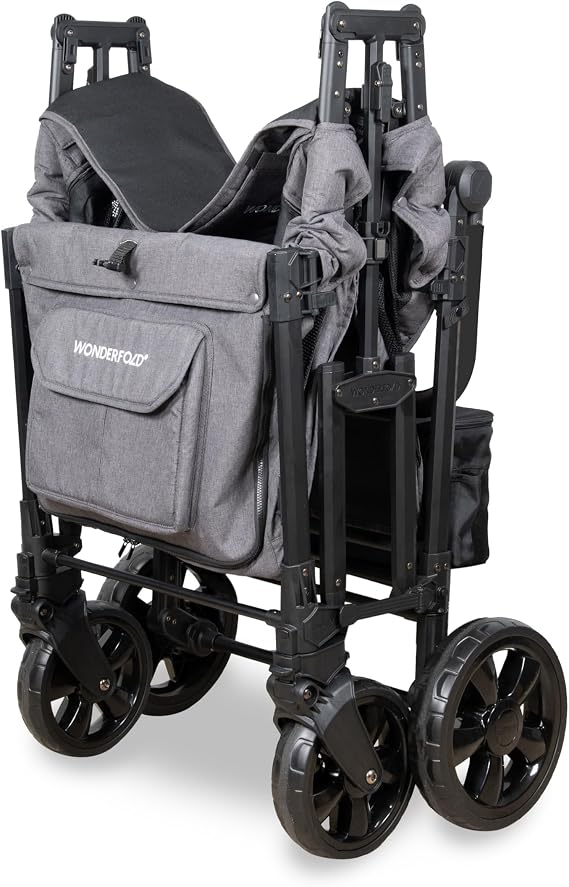WONDERFOLD W4 Elite Pro Stroller Wagon (4 Seater) - Collapsible Wagon Stroller with Seats with 5-Point Harnesses, Adjustable Push Handle, and Adjustable Sun Canopy, Charcoal Gray