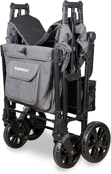 WONDERFOLD W4 Elite Pro Stroller Wagon (4 Seater) - Collapsible Wagon Stroller with Seats with 5-Point Harnesses, Adjustable Push Handle, and Adjustable Sun Canopy, Charcoal Gray