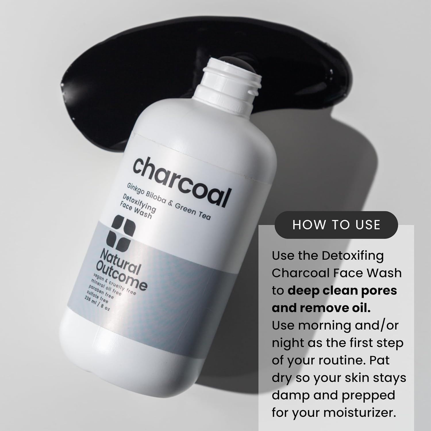 natural outcome Charcoal Face Wash | Daily Detoxifying Charcoal Cleanser for Acne | Deep Pore Cleanser Hydrates & Purifies Skin with Green Tea, Aloe Vera, & Ginkgo Biloba | For Men & Women | 8 oz - Image 5