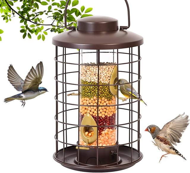 Caged Bird Feeders - Tube Bird Feeder - Squirrel Proof Feeders - Heavy-duty Metal Design Large Bird Feeder for Outside Wild Birds, Garden Decoration, (Brown)