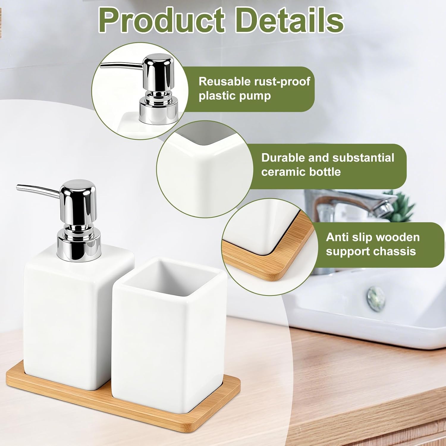 Bathroom Accessories Set with Soap Dispenser and Toothbrush Holder, 3 Piece Ceramic Bathroom Countertop Set with Bamboo Tray, Modern Vanity Sink Decor for Home