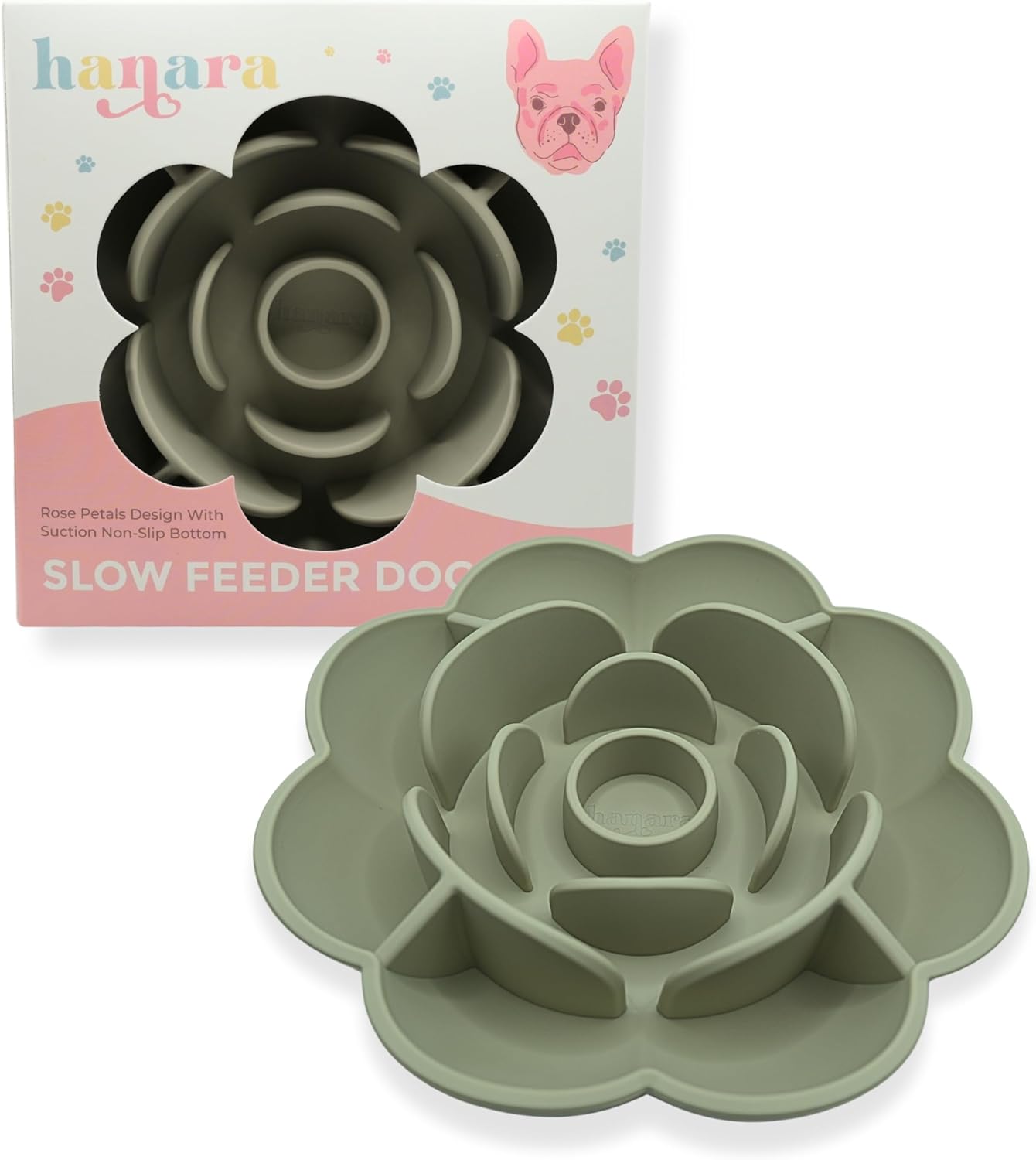 Hanara Sillicone Slow Feeder Dog Bowls & Lick Mat with Suction Bottom | Rose Petals Design | Promotes Better Digestion, Prevent Choking | Dish Washer Safe | Great Size for All Breed (Sage Green)