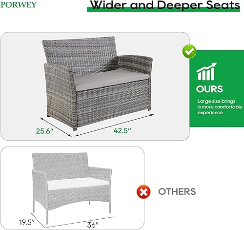 Miniatura 2 de PORWEY Muebles de patio al aire libre, juego de sofá seccional de 4 piezas, muebles de balcón, sillas de mimbre de ratán con mesa y sofá biplaza