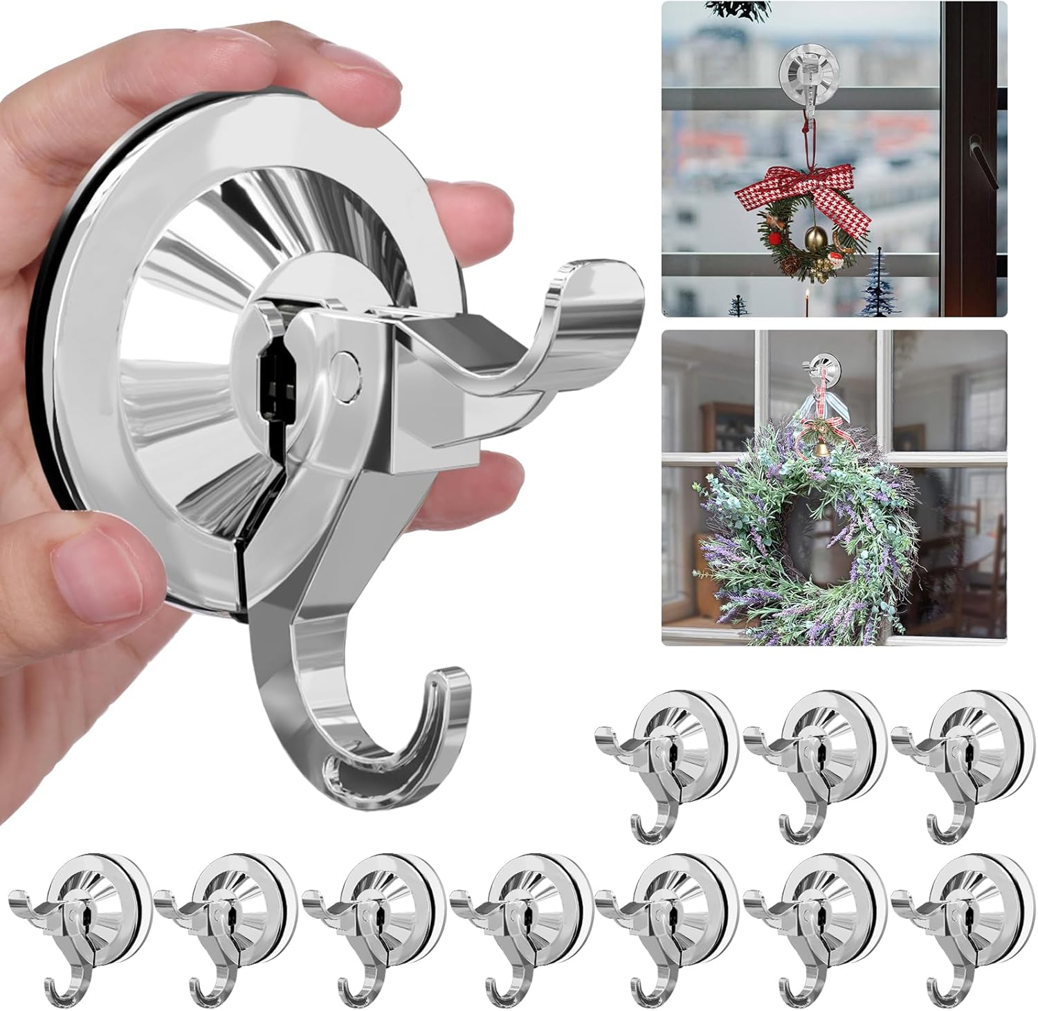Antimbee Suction Hooks, 10 Pack Reusable Hangers, Removable Large Suction Cups with Ultra-Thin Adhesive Disc for Smooth/Uneven Surfaces, Door Wreath Hanger Max up to 11 lbs (Silver)
