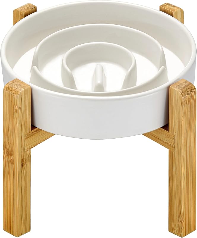 Ceramic Slow Feeder Dog Bowls Elevated, 2.0 Cups Slow Feeder for Medium Dogs, Puzzle Maze Bowl to Slow Down Eating, 30oz, 8in, White