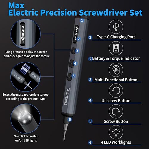 Miniatura 3 de STREBITO Mini juego de destornilladores eléctricos, kit de destornilladores eléctricos de máxima precisión 70 en 1 con luces, 5 niveles de par