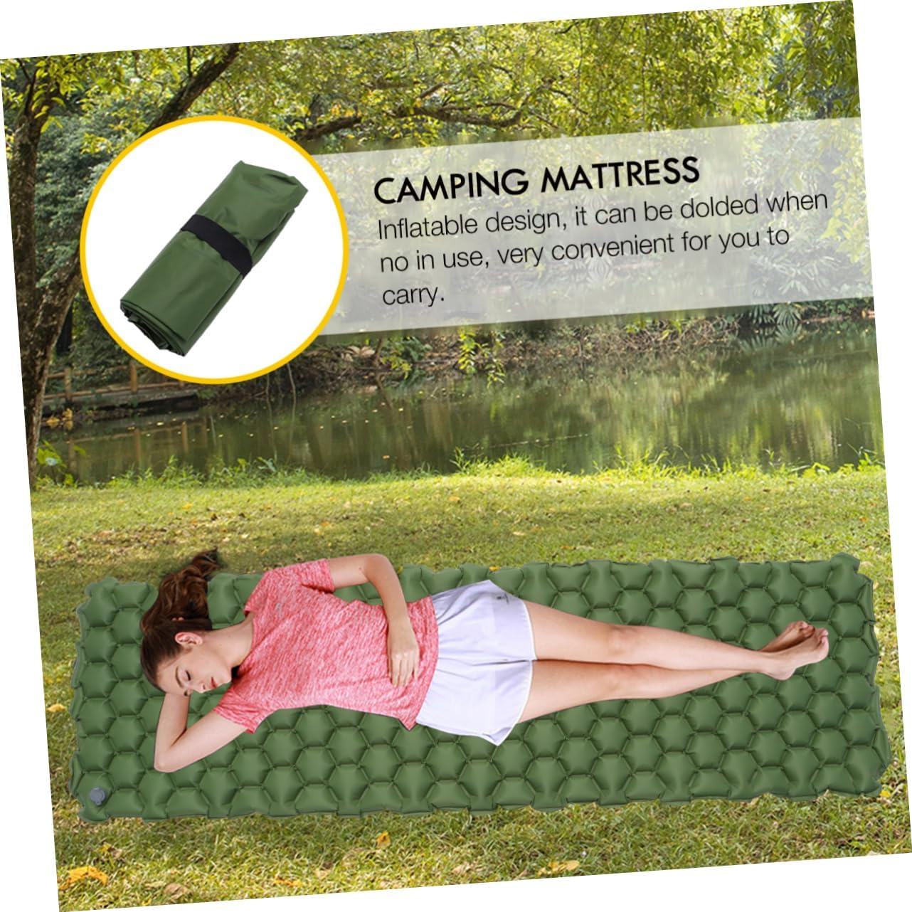 Outdoor Inflatable Sleeping Mat and Mattress for Camping Hiking and Backpacking Green