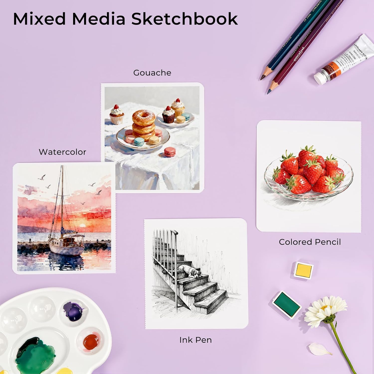 Paul Rubens Square Watercolor Journal 2 Pack 40 Sheets, 100% Cotton Acid-Free Hot Press Watercolor Sketchbook 7.48 * 7.48 Inches, 140lb/300gsm for Watercolors, Gouache, Acrylics