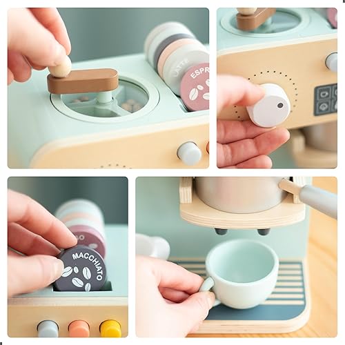 Miniatura 4 de UMU Cafetera de juguete de madera para niños, accesorio de cocina de juego de simulación para niños pequeños, juego de máquina de café expreso,