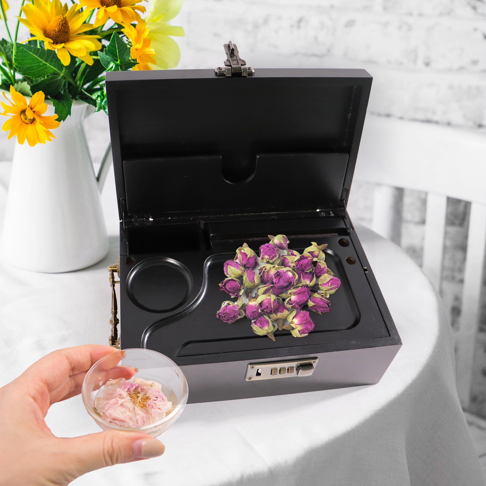 Grande scatola portaoggetti in bambù con serratura a combinazione e accessori, set organizer nero con manico e vassoio rimovibile, contenitore in bambù a prova di odore, scatola decorativa per la casa