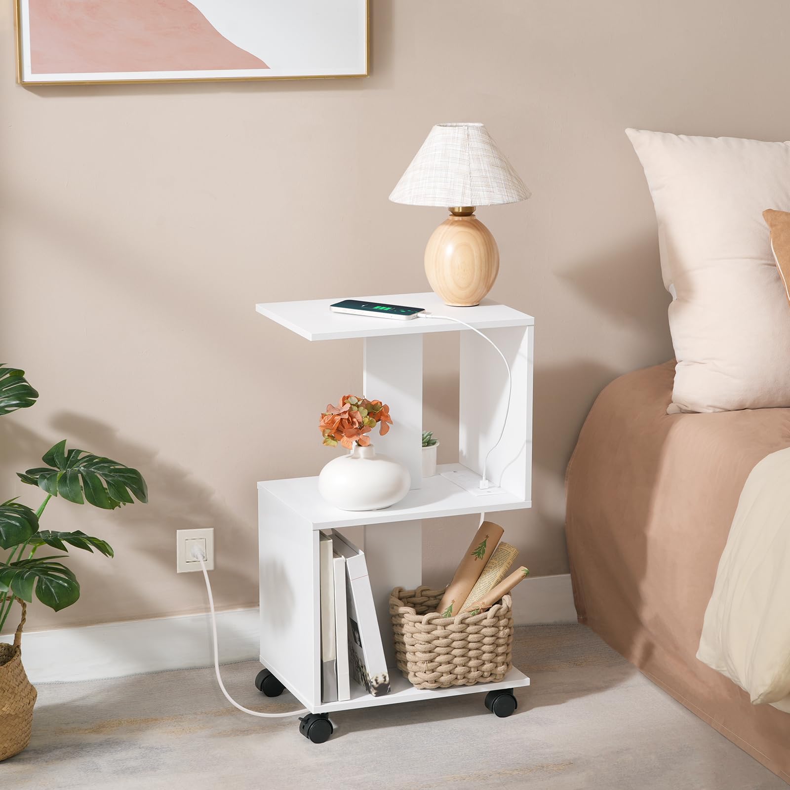 MAHANCRIS Narrow End Table with Charging Station, White Beside Table with Outlets and USB Ports, S-Shaped Side Table, 3-Tier Rolling Nightstand, for Bedroom, Living Room, White ETWT77E01