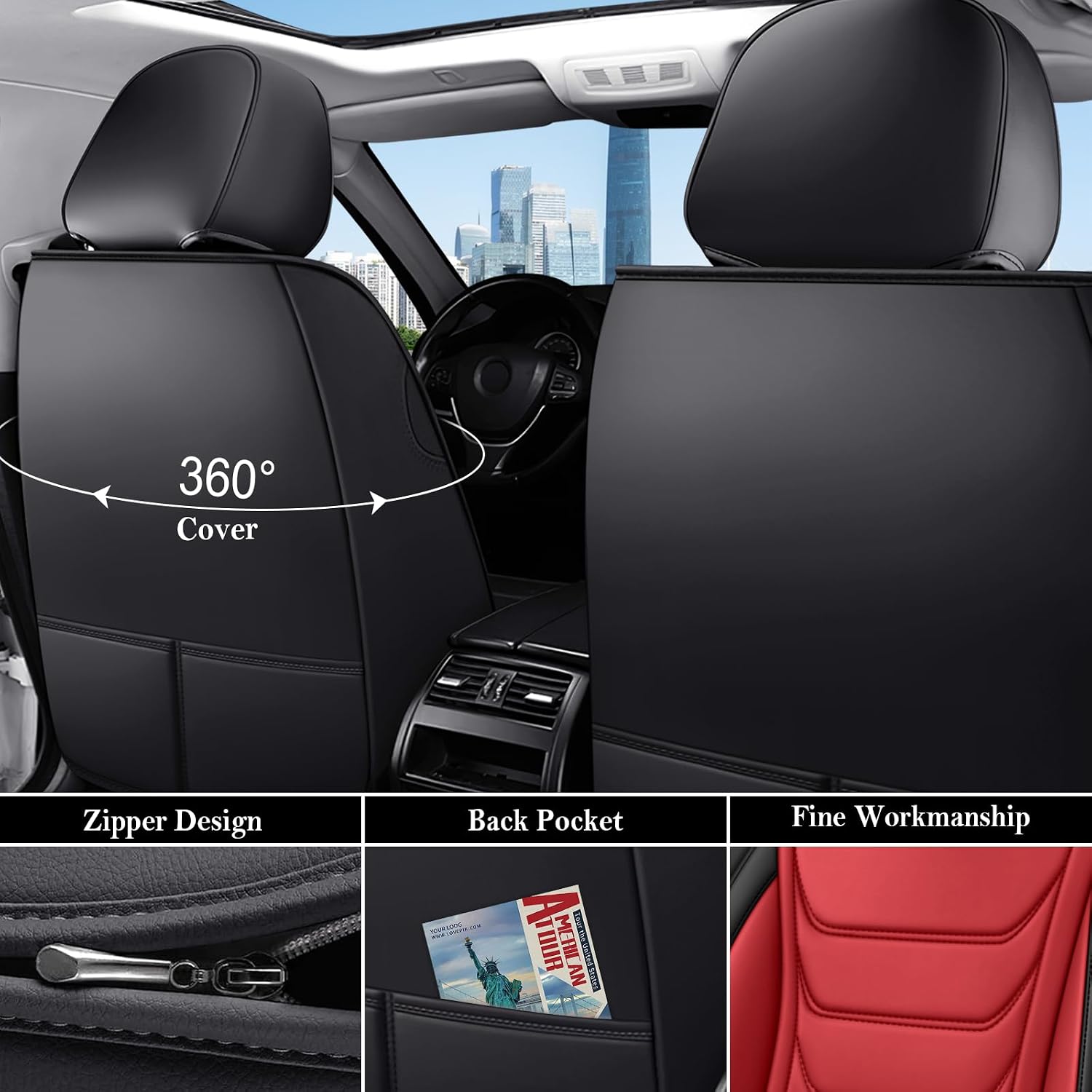 Fit for Toyota Tacoma Seat Covers 2005-2026 Full Set, Luxury Nappa Touch Waterproof Leather, Breathable Perforated Interior, Custom Fit for Double/Crew Cab (Black Red)