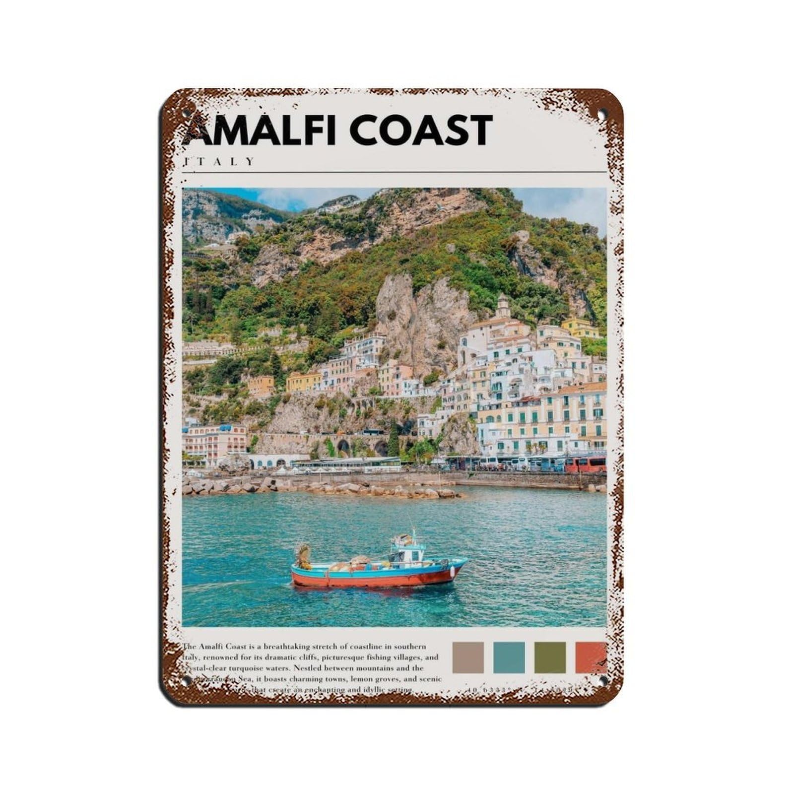 Amalfi Coast Italian Coastal Poster Tin Sign Vintage Metal Pub Club Cafe Bar Home Wall Art Decoration Poster Retro 12x16inch(30x40cm)