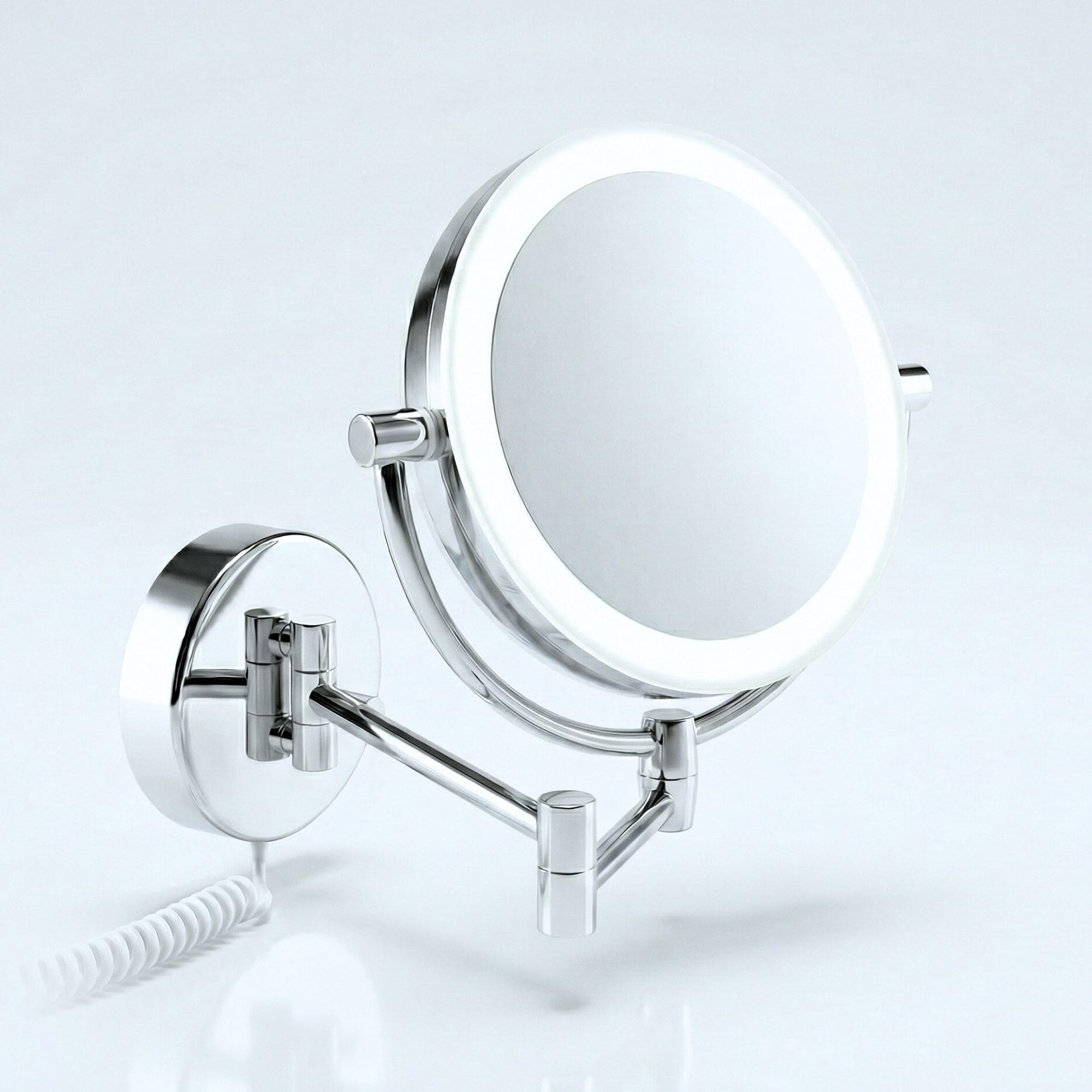 Modena Espejo de Aumento de Pared con LED – Espejo de Maquillaje Giratorio 360° con Atenuador, Luz Natural e Ingrandimento 5x/10x