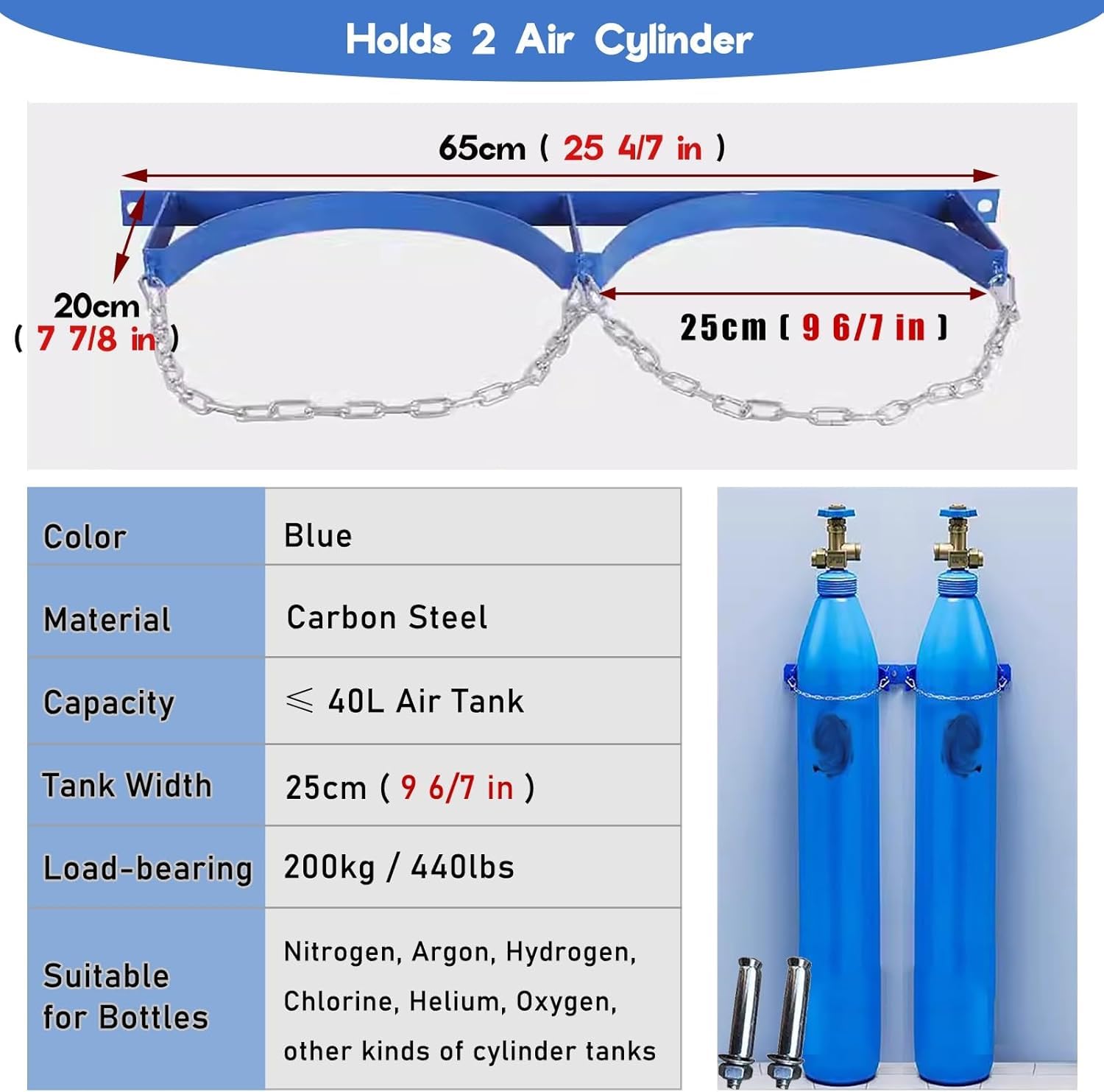 Genérico Soporte para Tanques de Cilindros (3 Unidades), Soporte de Pared para oxígeno/propano/hidrógeno, Compatible con Cilindros de hasta 25 cm, solución Duradera para Almacenamiento de Gas, Color